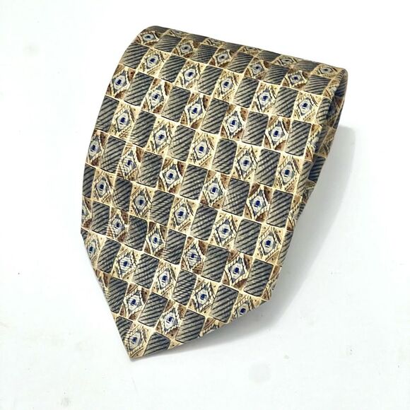 2for25 Pierre BALMAIN Silk Mens Tie Beige Geometric Vintage Luxury Retro Neutral - Picture 4 of 13